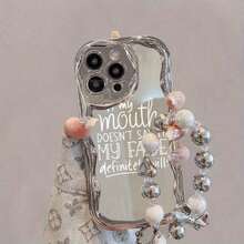 Funda para teléfono (1 unidad) con correa de mano creativa con letras y cadena de cuentas plateadas. Compatible con phone 16, 15, 14, 13, 12, 11, X, XS Max, Pro Plus. Ideal como regalo para familiares y amigos. - Plateado - Ver 4