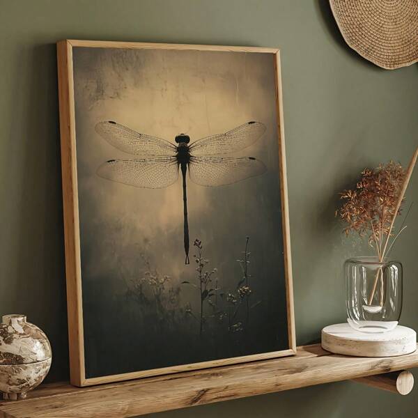 1pc Unframed Vintage Gothic Insect Art Poster, Dark Dragonfly Canvas Painting, Waterproof Canvas Wall Painting, Gift Art Wall Painting, Living Room, Bedroom, Bathroom, Office, Hallway Decoration, Kitchen Decoration