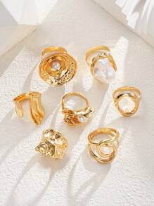 12/7/6/3pcs Set Oversized Textured Floral, Faux Pearl, Asymmetrical Shape, Minimalist Smooth Solid, Colorful Faux Gem, Heart Metal Chunky Rings, Fashion Elegant Vintage Chic Cute Retro Design, Suitable For Holiday, Party, Date, Gift, Daily Wear