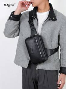 Men's Diagonal Shoulder Bag, Vintage Print, Side Pocket, Messenger Bag, Chest Bag, Waist Bag, Multipurpose, Suitable For Commuting & Leisure, Minimalist Style, Black, Great Gift For Boyfriends, Fashionable