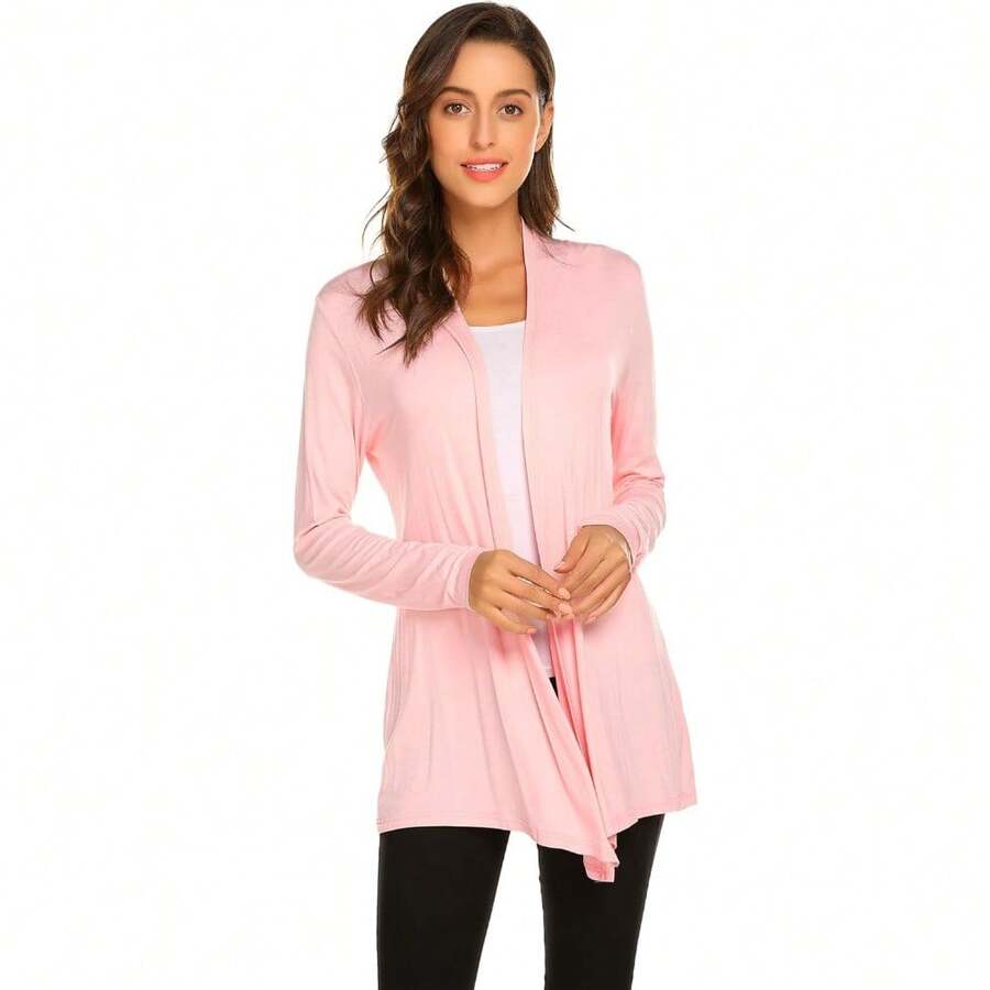 Newchoice Womens Casual Lightweight Long Sleeve Cardigan Soft Drape Open Front Fall Dusters (S-3XL) - Light Pink - View 1