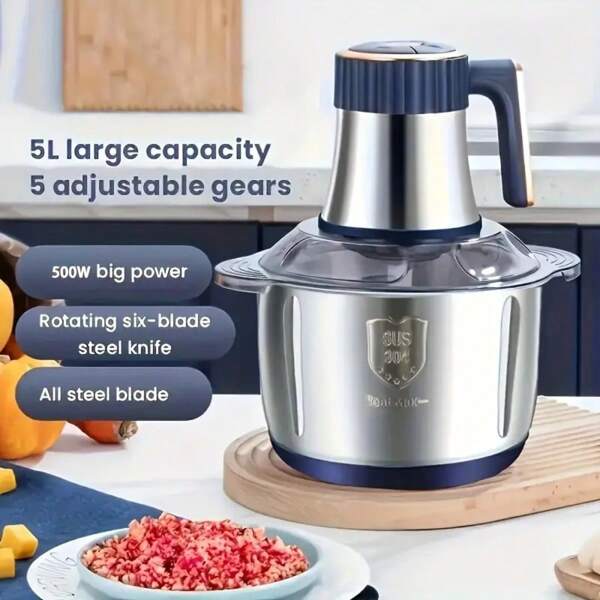 Picadora de carne eléctrica compacta con tazón de 2L/3L/5L, cuchilla afilada, operación con un solo botón, tamaño mini, adecuada para cocinas pequeñas/dormitorios - Picadora de carne/frutos secos/condimentos/vegetales, procesadora de frutas y alimentos de acero inoxidable y máquina para hacer fideos.