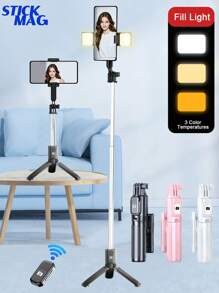 Palo de selfie inalámbrico Bluetooth STICKMAG de 74CM/29.1in, equipado con luz de belleza LED de tres velocidades ajustables, trípode giratorio de 360° de acero inoxidable antivibración, para sujetar en mano o de pie, compatible con iPhone 16 15 14 13 12 11e/Max/Pro/Xs/Xr/X/Plus y Galaxy S25/S24/S23/S22Ultra