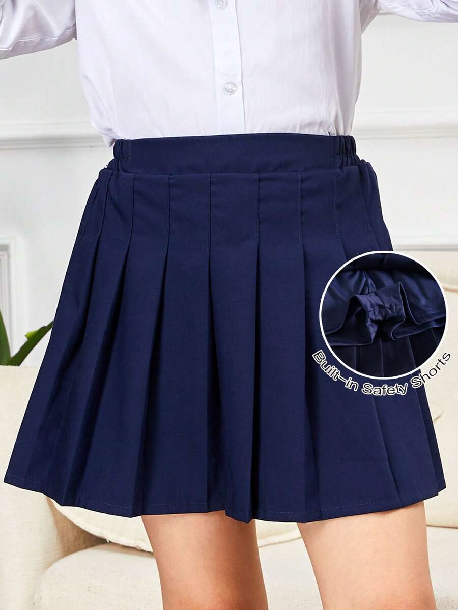 Girls' Elegant Pleated School Uniform Skirt With Built-In Safety Shorts, Basic School Uniform Skirt For Performance, Party, Back To School, Navy Blue - Navy Blue - View 1