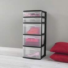 "5-Drawer Storage Tower With Black Frame And Clear Drawers – Space-Saving Organizer Unit"