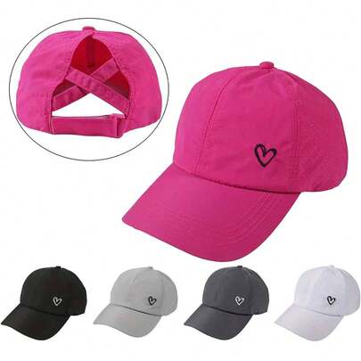 1pc Unisex Embroidered Heart Baseball Cap - High Crown Ponytail Adjustable Snap Back Cap, Breathable Structure, Suitable For Golf, Outdoor Hiking, Travel And Daily Wear