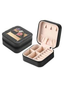 1pc Mini Floral Alphabet Jewelry Storage Box, A-Z Gold Letters, Portable Zipper Travel Jewelry Storage Box, Gift Box For Women, Multi-Function Jewelry Display Stand For Rings, Pendants, Earrings, Necklaces, Etc. - Suitable For Women, Mother, Girlfriend, Valentine's Day Gift Box.
