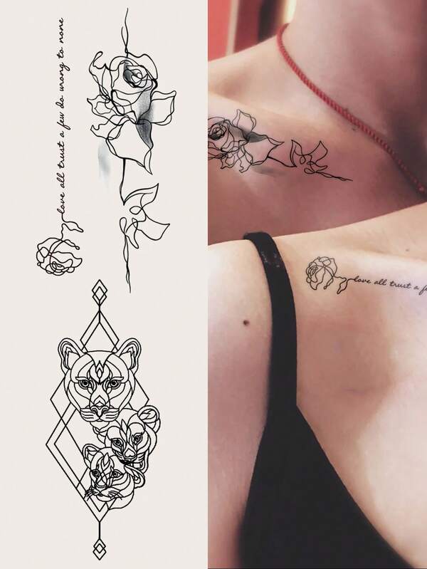 2pcs Black Minimalist Floral And Animal Pattern Temporary Tattoos For Men & Women, Daily Use, Parties, Festivals, Gifts, Body Art On Fingers, Wrists, Ears, Shoulders, Neck, Clavicle