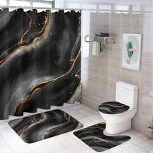 1/4 Pcs Black Marble Pattern Bathroom Set, Including Waterproof Shower Curtain, Slip-Resistant Mat, Toilet Seat Cover And U-Shaped Pad, Full Shower Curtain Set, 12 Hooks, Bathroom Decor, Holiday Gift Bathroom Accessories Back To School