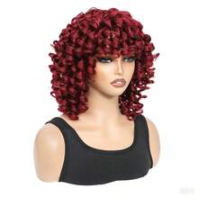 Synthetic Heat Resistant Wig Bouncy Full Curly Wig With Bangs 14 Inch BUG Chemical Fiber Wig With Bangs Daily Used Easy To Wear Beginner Friendly Big Bouncy Fluff Curly Wig - 酒紅色 - 查看 7