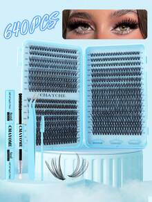 640件DIY睫毛延长套装 - 混合长度10-16毫米，包含10D、20D、30D、40D、50D簇状睫毛、猫眼睫毛、Cosplay睫毛、俄罗斯卷睫毛、自然睫毛、浓密睫毛和夸张睫毛等款式，含粘合剂和密封胶、镊子，适合初学者使用，厚度0.07毫米，D型卷翘，适合家庭使用。睫毛簇状套装，睫毛，假睫毛