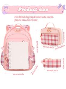3-Piece Set: Bowknot Girl Backpack, Lunch Box Bag, Pencil Case, Polyester Plaid Pattern, Multi-Pocket, Large Capacity, Student School Backpack With 3 Detachable Badges, Back To School Essentials, Suitable For School And Travel
