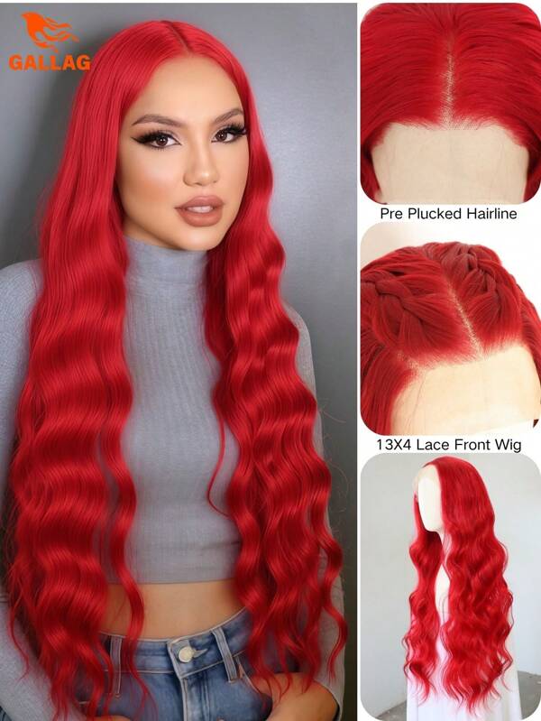13x4 Glueless Red Synthetic Lace Front Wig - 32-Inch Long, Heat-Resistant Loose Curly Waves, Transparent Swiss Lace, Perfect For Women's Halloween And Christmas