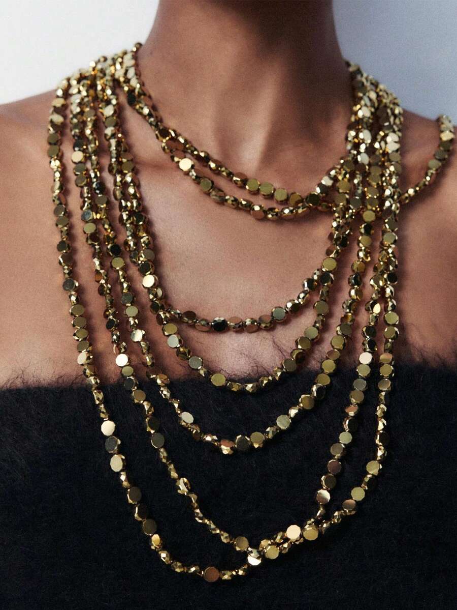 合金串珠瀑布项链，ZAA新款，多层方形合金串珠项链，夸张个性，项圈饰品批发，日常必备 - 金色 - 查看 1