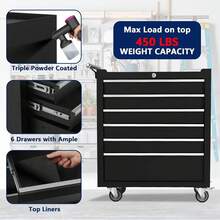 Tool Box, 6-Drawer Rolling Tool Chest Locking System, Lockable Wheels & Sliding Drawers, 24 Inch Heavy-Duty Tool Storage Cabinet For Garage Workshop Warehouse Repair Shop  Rolling Tool Chest, 6 Drawers Tool Storage Cabinet, Toolbox With Wheels, Portable Tool Cabinet Organizer With Locking System & Drawer Liners, Tool Storage Cart For Garage, Workshop - Black - View 3