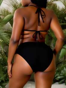 Slaydiva Summer Beach Plus Coconut Tree Print Halter Triangle Bikini Top - Black and White - View 6