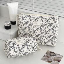 French Style Black & White Ditsy Floral Soft Fabric Zipper Makeup Bag, Minimalist Retro Toiletry Organizer Pouch For Home, Travel, Outdoor Use, Womentravel Essentials Vacation Summer Holiday Back To School School Stuff Bag For School Travel Bag For Women Makeup Bag For Travel - 黑與白 - 查看 8
