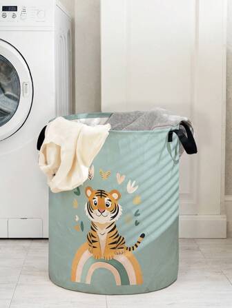 1 件卡通老虎印花大容量可折叠圆形收纳篮带手柄，多用途育儿储物箱，婴儿尿布、衣物、配饰收纳盒，可折叠储物盒