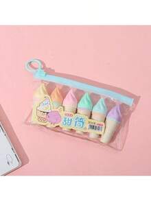 6pcs/Set Creative Cartoon Ice Cream Shaped Fluorescent Highlighter Pens, Portable Mini Marker Pen, Ice Cream Diary Pen, Suitable For Students, Back To School, School Supplies, Cute Stationery, Colored Writing, Stationery, Pens, Colorful Marker Pens, Christmas Small Gift, Bag Size Around 8.4cm X 10.4cm (Assorted Styles In The Picture) - Multicolor - View 8