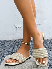 Sandalias planas con adorno de perlas para mujer - Beis - Ver 4