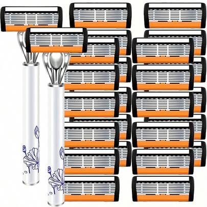 男士/女士高级手动剃须刀，黄白瓷设计 - 6 层刀片，剃须顺滑，防滑手柄，修整胡须和胡须的理想选择
