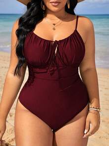 Swim Lushoire 2025 Plus Size Women Solid Color Front Tie One-Piece Swimsuit Summer - Red - View 3