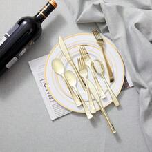 50pcs/Set Gold Cutlery Set, 10pcs 19cm Plates, 10pcs 26cm Plates, 10pcs Gold Forks, 10pcs Gold Spoons, 10pcs Gold Knives, Suitable For Wedding, Party, Birthday, Kitchen, Beach BBQ, Picnic, Camping, Restaurant, Easter, Halloween, Valentine's, Charity , Bakery, Market Stall, Outdoor, Convenient For Travel, Reusable And Washable - Gold - View 7