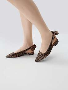 Ladies Leopard Print Open Back High Heel Sandals, Pointed Toe Fashion Bow Chunky Heels Pumps Winter Gifts - Leopard - View 3