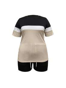 2pcs/Set Women's Summer Sports Set, Fashionable Color Blocking Round Neck Short Sleeve T-Shirt And Drawstring Shorts - Multicolor - View 3
