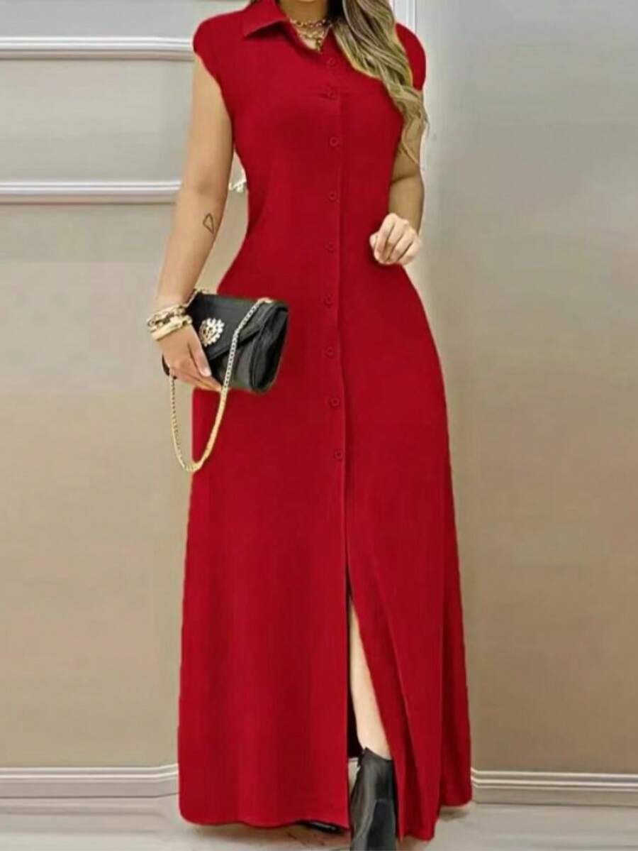 女士休闲通勤纯色前扣长连衣裙，夏季优雅 - 紅色 - 查看 1