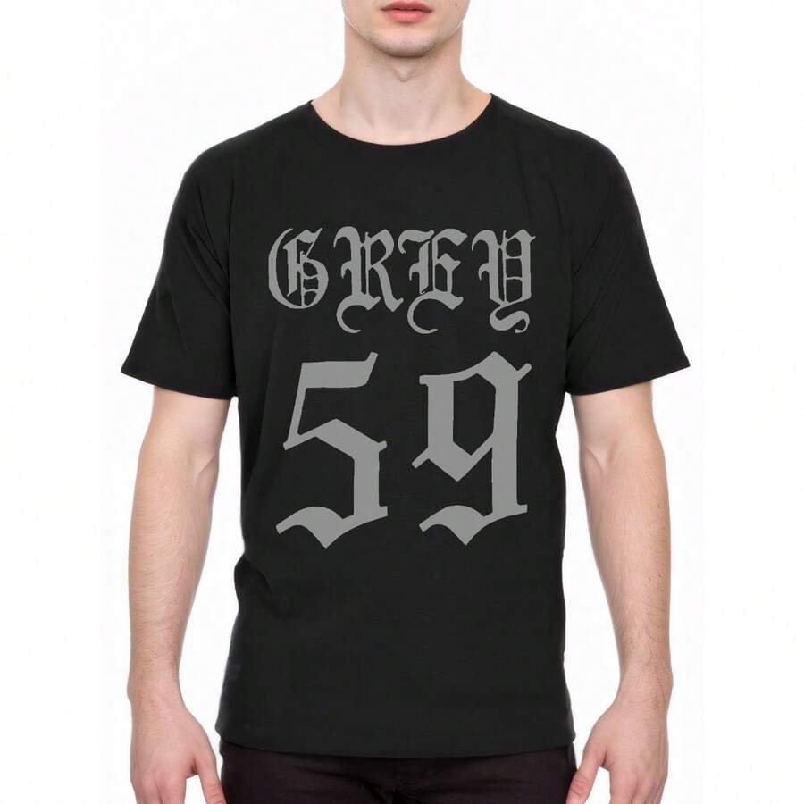 Practical Hot Sold Grey 59 Embroidered Crew Neck T-Shirt, Casual Cotton Knit Fabric With Slight Stretch, Unisex G59 Records Vintage Style Tee, For All-Season Adult Apparel - màu đen - Xem 1