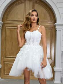 YUMIBRAVO Butterfly Decor Sheer Hem Elegant Luxurious Spaghetti Strap Wedding Dress - White - View 5