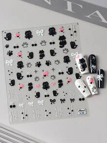 黑猫美甲贴纸，2 张，万圣节猫咪指甲贴纸，卡通动物自粘指甲贴花用品可爱卡通美甲滑块，适合女士女孩美甲装饰 - 彩色 - 查看 3