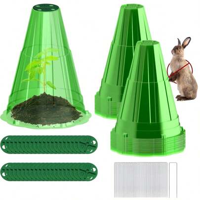 10/20/30 Packs Green Garden Cloche With Rotary Vent Ground Stakes Reusable Plastic Bell Plant Covers Transparent Vegetables Protectors For Protecting Plants Farm Greenhouse Outdoor