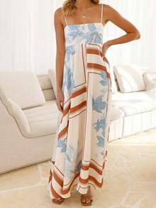 Women Y2K Maxi Dress Smocked Spaghetti Strap Sleeveless Long Flowy Dress Boho Backless Aline Long Dress Summer Casual Beach Sun Dress - Xanh và trắng - Xem 8