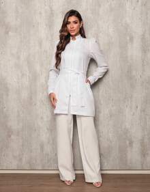 Women's White Long Sleeve Lab Coat With Priest Collar And Zipper Marcela - White - View 4