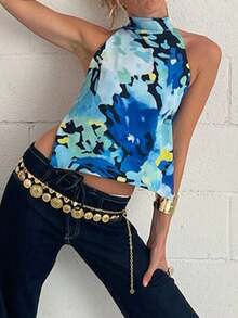 Women Y2K Halter Mock Neck Tops Dot/Floral/Tie-Dye Graphic Sleeveless Backless Crop Tank Tops Sexy Open Back Off The Shoulder Vests Shirts Summer Going Out Tops Club Party Streetwear - Màu xanh lam - Xem 2