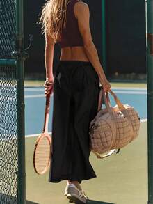 Women's Loose Wide Leg Sweatpants Drawstring Pocket Elastic Waist Kapari Micro Sheer Sexy Hiking Pants - Black - View 2