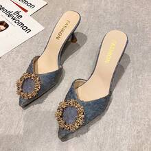 Mujeres Verano Exterior Desgaste Medio Chanclas French Rhinestone Tacones Altos Sandalias Baotou Tacón Fino - Azul - Ver 6