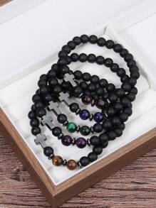 Men's Hematite Cross Bracelet: Matte Black Onyx And Tiger's Eye Powerful Protection Bracelet, Confidence, Courage Jewelry Unisex Gifts For Husband, Boyfriend, Dad