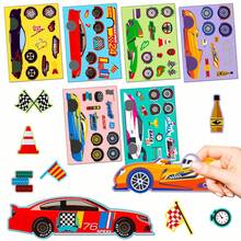 6/12/36 Sheets Make Your Own Car Stickers For Teens, Cartoon 6 Race Cars DesignsMake A Face Stickers For Party Favor Stickers, Decorative Laptop Scrapbook,School Supplies,Back To School - Multicolor - View 2