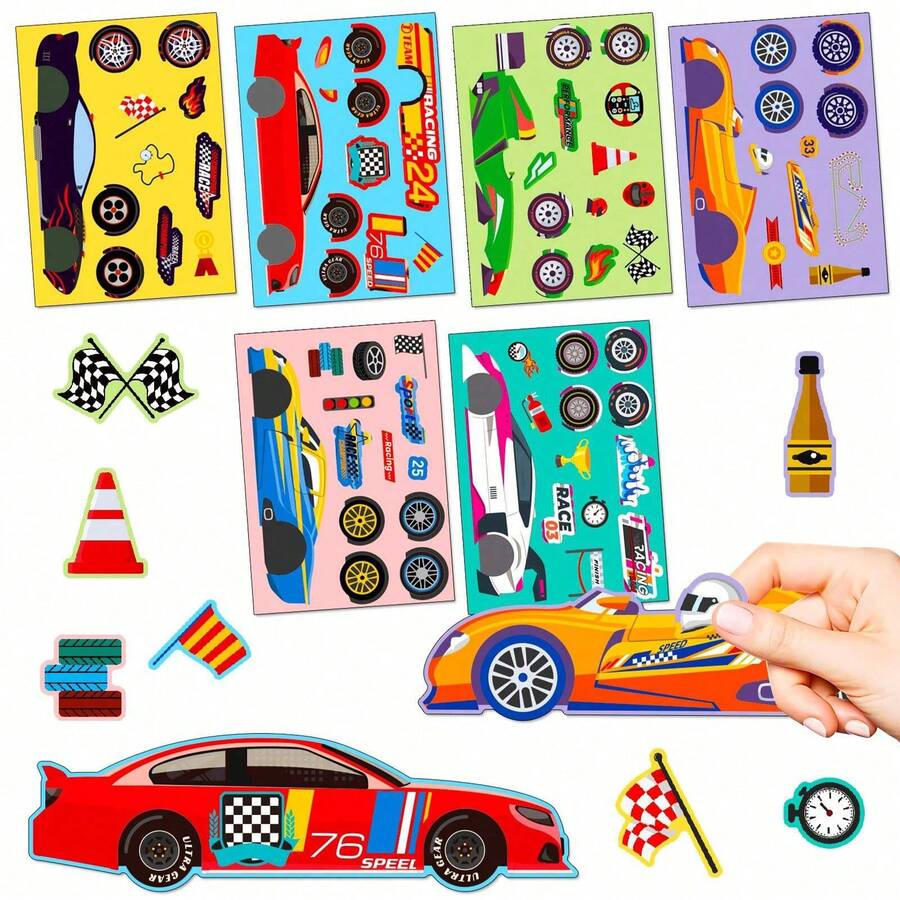 6/12/36 Sheets Make Your Own Car Stickers For Teens, Cartoon 6 Race Cars DesignsMake A Face Stickers For Party Favor Stickers, Decorative Laptop Scrapbook,School Supplies,Back To School