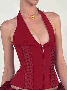 Women's Halter Neck Tank - Solid Color Zip-Up Corset Top  Sleeveless Streetwear Summer - Đỏ - Xem 4