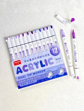 GuangNa Caja de 12 unidades de marcadores acrílicos líquidos de doble punta recta. Diseño de doble punta, una blanda y otra dura, adecuados para marcar y colorear tela, lienzo, roca, vidrio, madera. Suministros de arte ideales para estudiantes y adultos, útiles escolares de pintura, artículos para volver a la escuela
