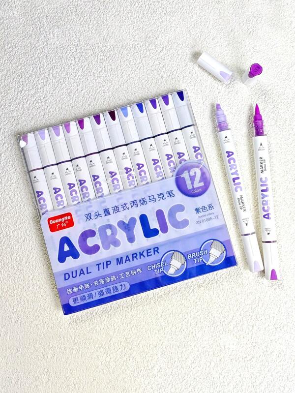 GuangNa 12pcs/Box Of Double-Ended Straight Liquid Acrylic Markers, Creative Soft Nib And Hard Nib Double-Ended Design, Suitable For Marking And Coloring Of Fabric, Canvas, Rock, Glass, Wood, Ideal Art Supplies For Students And Adults, School Art Painting Necessities, School Supplies,Back To School