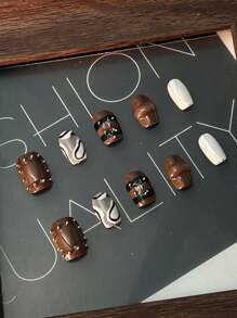 Adicione um toque romântico com 10 unhas postiças quadradas curtas, novas, com linhas marrons não padronizadas combinadas com cores nuas, decoração tridimensional para uso europeu, kit completo de unhas acrílicas falsas, adequado para mulheres e garotas, bem como casamentos, e 1 Peça Lixa de unha mini e 1 Peça Folha de adesivos