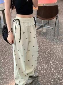 2025 Spring And Autumn Fashion Lace Ribbon Bowknot Print Wide Leg Pants, Suitable For Women In Spring, Autumn, Halloween, Christmas, Saudi National Day, New Year