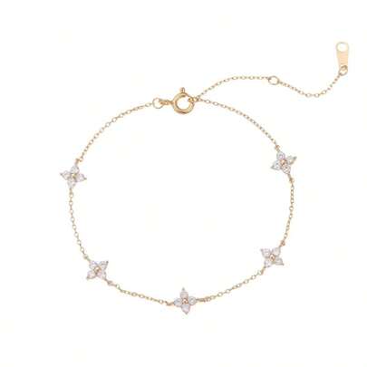 1pc Fashionable Cubic Zirconia 925 Sterling Silver Clover & White Diamond Adjustable Bracelet, Gold/Silver/Rose Gold Color, 19.5cm Total Length, 4cm Adjustable, Suitable For Women, Couples, Everyday Wear, Outing, Party, Travel, Elegant & Exquisite, Comes With Beautiful Gift Box