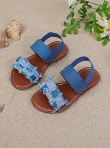 1 Pair New Style Children's Fashion Flat Sandals, Canvas Elastic Strap Design, & Versatile, Suitable For Girls Outdoor, Casual, Beach Wear