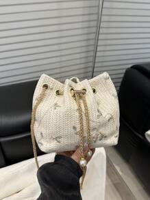 Fashionable New Mini Floral Hardware Chain Drawstring Women's Bucket Shoulder Bag, Multifunctional Leisure Vacation Style Pearl Chain Crossbody Bag, Suitable For Shopping, Wallets, Shopping, Young Women, College Students, Newcomers And White-Collar Workers. They Are Very Suitable For Offices, Universities, Work, Business, Commuting, Outdoor Activities, Travel, And Outings